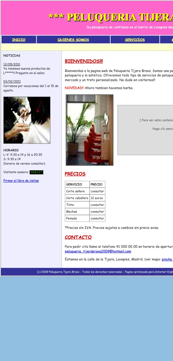 Antes: la web antigua de una peluquería de ejemplo en un móvil. No se adapta a la pantalla, letras diminutas y un recuadro de Flash.