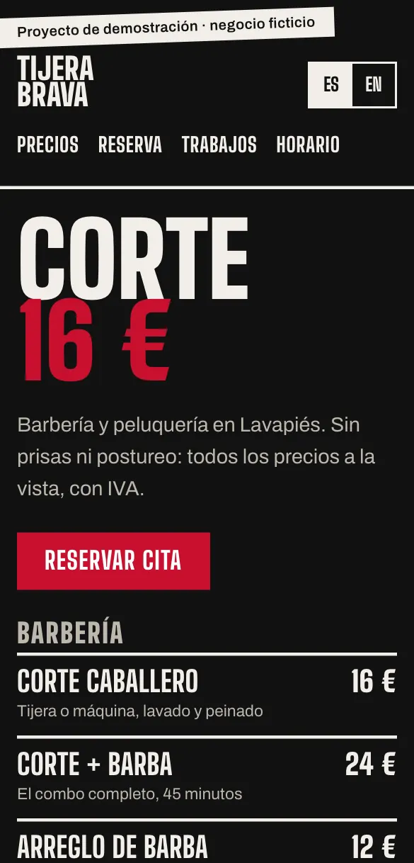 Después: la web nueva de la misma peluquería en el móvil, con los precios en grande y un botón para reservar cita.