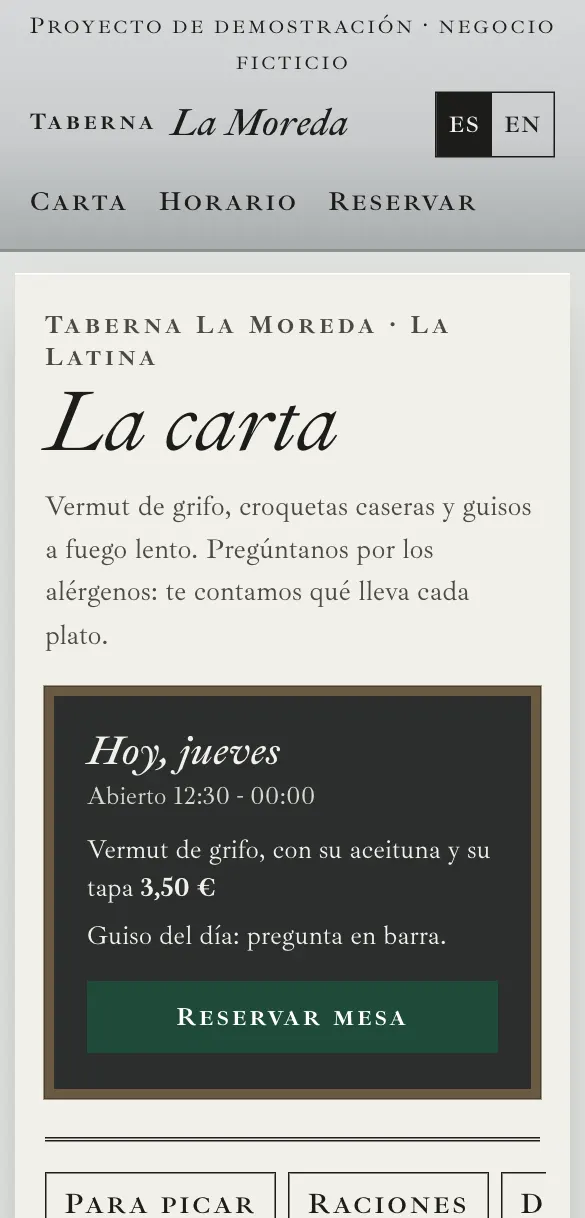 Web de muestra de la Taberna La Moreda: la carta en portada.