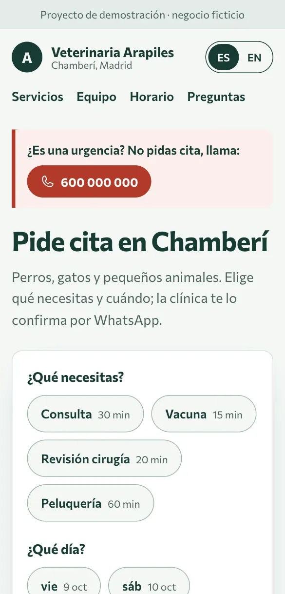Web de muestra de la Veterinaria Arapiles: pedir cita desde la portada.